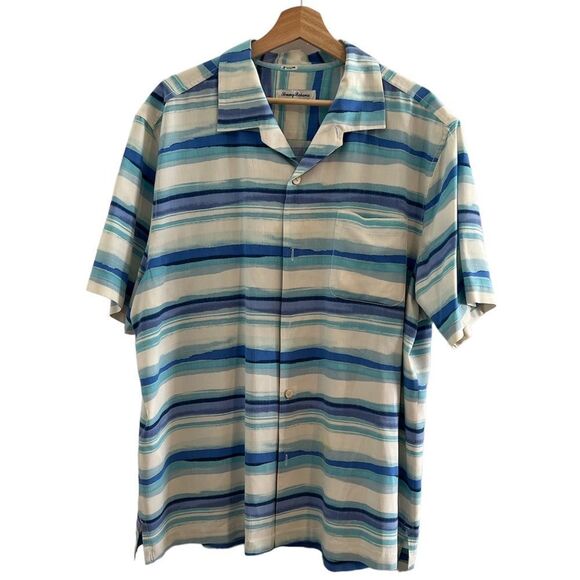 Tommy Bahama Blue and Cream Watercolor Striped Silk Shirt Men's Size XL - Picture 2 of 11